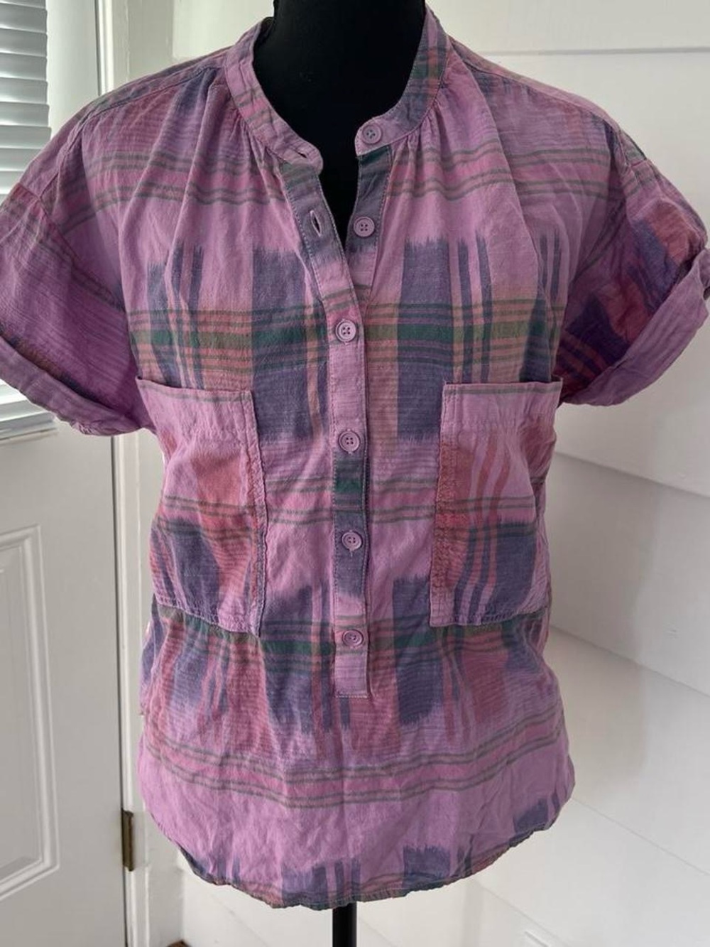 Women’s Y2K Purple Plaid Short-Sleeve Button Front Top